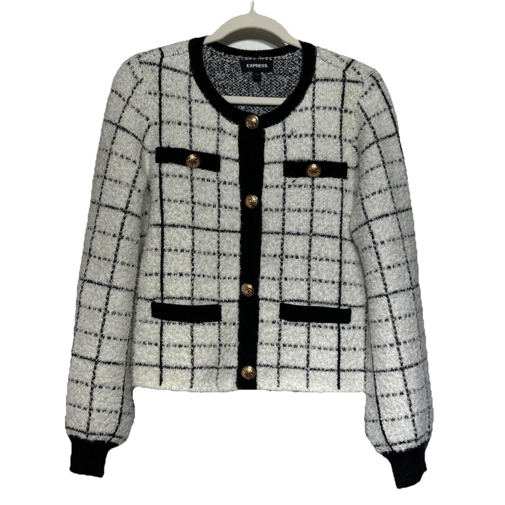 Express Plaid Novelty Button Sweater Jacket White Black Sz Large‎ Retail: $128
